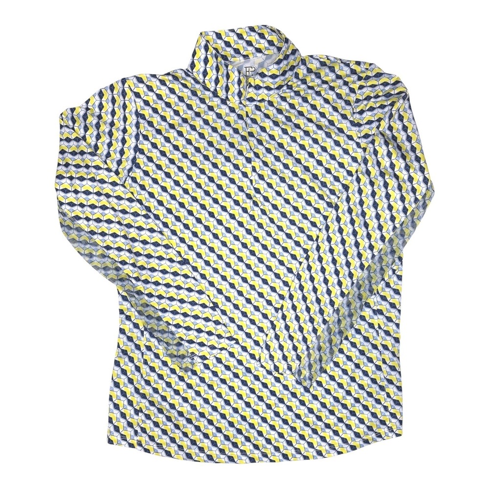 EP New York Womens Large Yellow Navy Blue Geometric Print 1/4 Zip Golf Polo Top